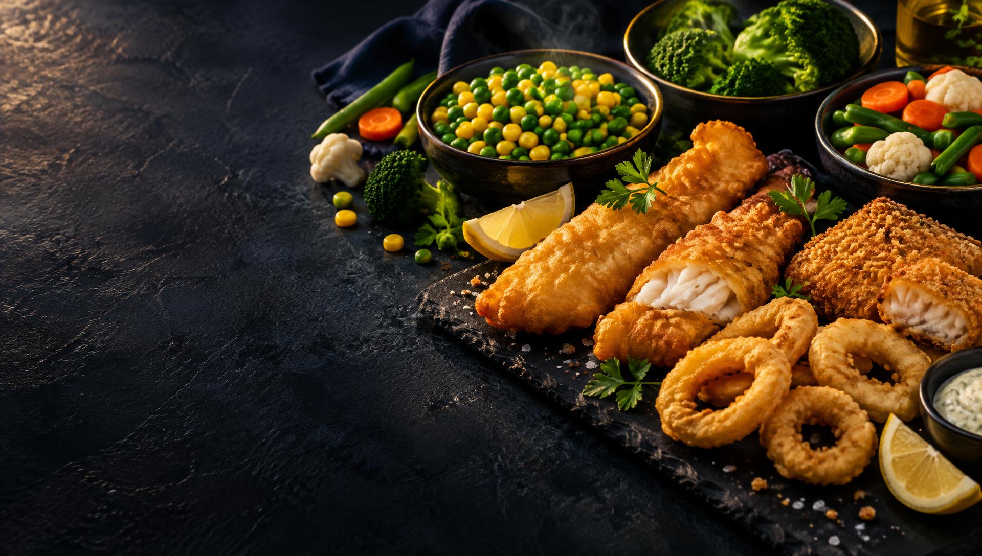 Golden battered fish, squid rings and bowls of frozen vegetables